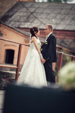 düğün. Gelin ve damadın eski bir bina fonunda kucaklayan