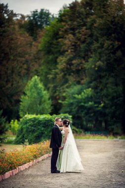 düğün. Orman kucaklayan, genç damat ve gelin evli çift