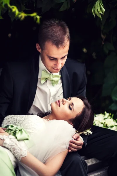 Свадьба, пара спряталась под аркой листьев на скамейке. n — стоковое фото