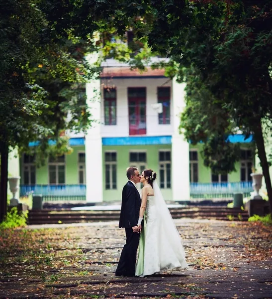 Matrimonio. coppia baciare sullo sfondo di vecchio e bello h — Foto Stock