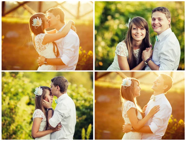 Boda. hermosa pareja besándose en el sol. collage — Foto de Stock