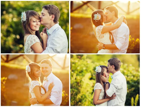 婚礼。美丽的夫妇在阳光下接吻。拼贴 — 图库照片