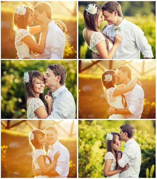 Casamento. lindo casal beijando ao sol. colagem — Fotografia de Stock