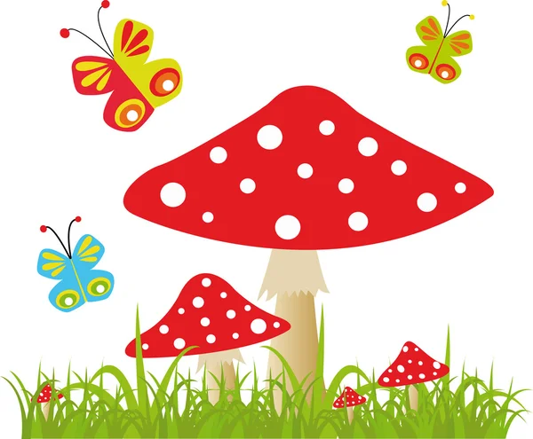 Kelebek ve amanita renkli arka plan