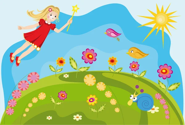 Colorful background fairy with flowers — Stock Vector