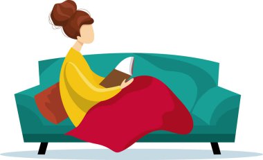 Kanepede oturmuş kitap okuyan bir kadın. Öğrenme ve okuma yazma günü konsepti. Çizgi film tarzında şirin vektör illüstrasyonu