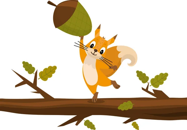 Cute Cartoon Squirrel Holding Acorn Branch Funny Little Brown Squirrel — Stock Vector