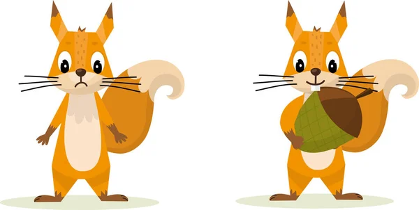 Cute Cartoon Squirrel Set Holding Acorn Funny Little Brown Squirrel — Stock Vector
