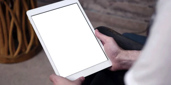 Tablet Empty White Screen Close Man Hands While Using Apple — Stock Photo, Image