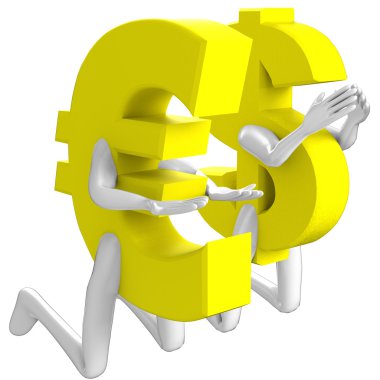 Doları dua ediyor ve diz çökmüş olan euro yalvarır