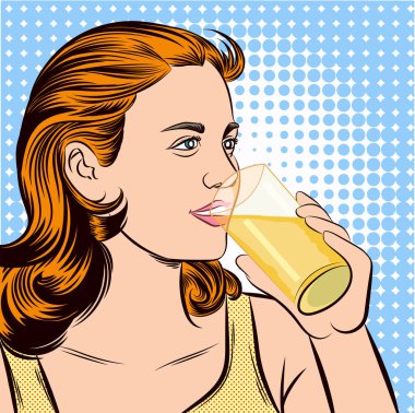 Portakal suyu içen genç bir kadın. Pop sanat komedi tarzı çizimler. Resimler ve arka planlar ayrı.