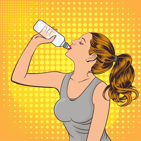 Młoda Kobieta Pije Wodę Pop Art Retro Komiks Ilustracji Kobiety — Wektor stockowy