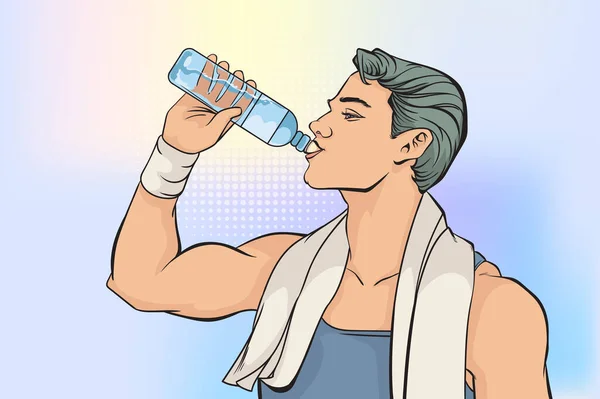 男性はボトルから水を飲んでいます ポップアートレトロ漫画の本の漫画の描画ベクトルイラストキッチュヴィンテージ — ストックベクタ