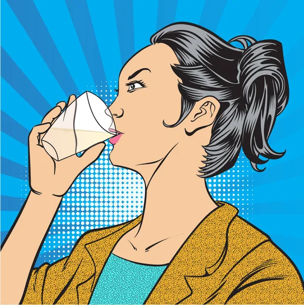 若い女性がジュースを飲んでいます ポップアートレトロ漫画スタイルイラスト — ストックベクタ