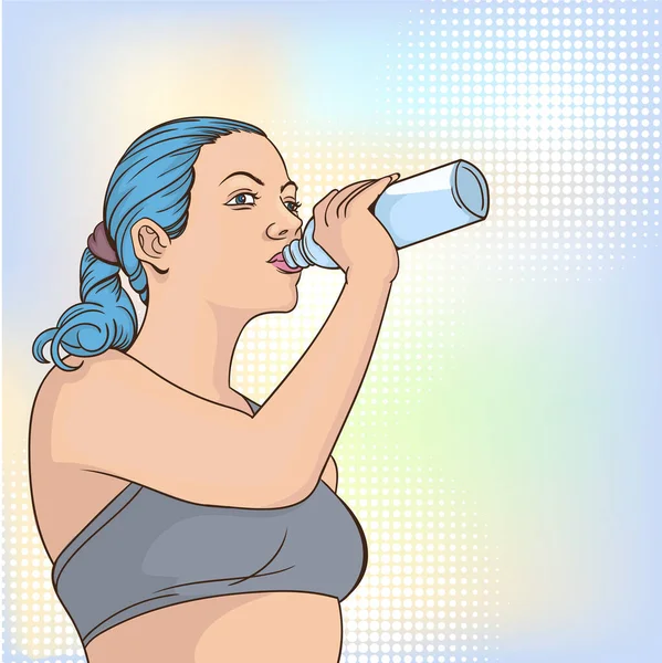 Una Hermosa Chica Está Bebiendo Agua Una Botella Pop Art — Vector de stock