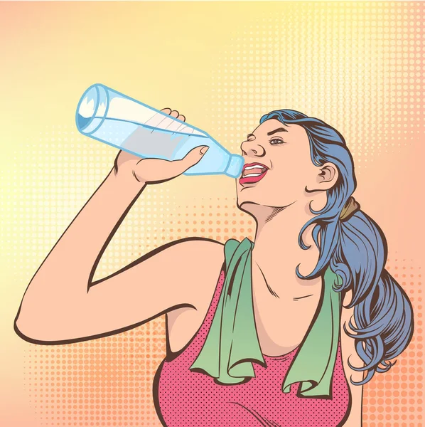 美しい女の子はボトルから水を飲んでいます ポップアートレトロ漫画の本の漫画のイラストベクトルイラストキッチュ — ストックベクタ