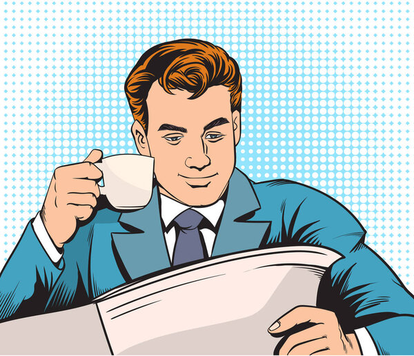 Businessmen drink coffee Ready to read the newspaper.pop art comic style illustration.Separate images and backgrounds