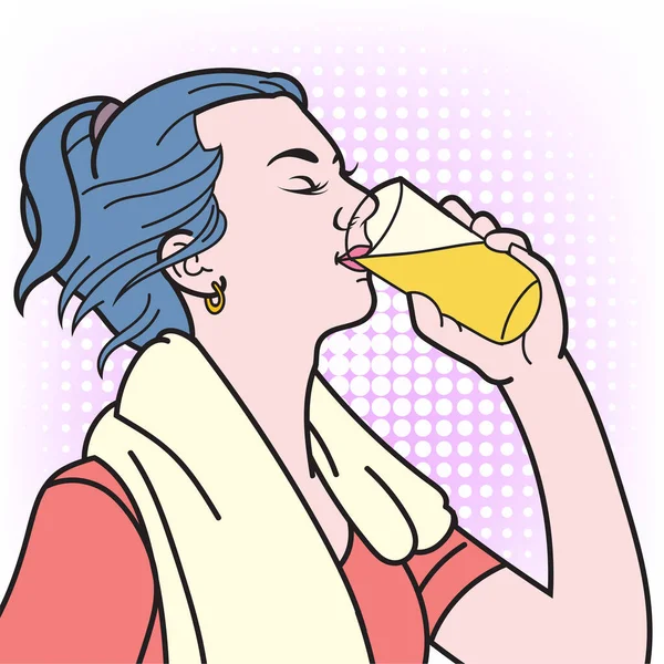 Mujer Joven Bebiendo Zumo Naranja Pop Arte Cómic Estilo Illustration — Vector de stock