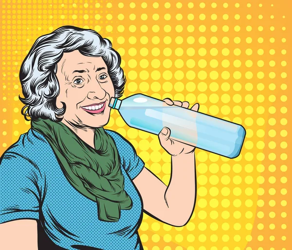 Staré Ženy Jsou Pití Vody Lahví Pop Art Retro Vektor — Stockový vektor