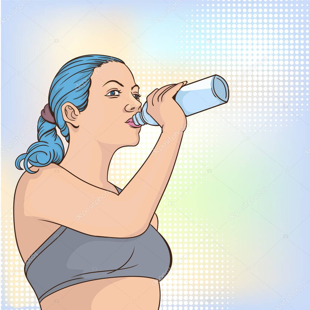 A beautiful girl is drinking water from a bottle.Pop art retro comic book cartoon drawing vector illustration kitsch vintage