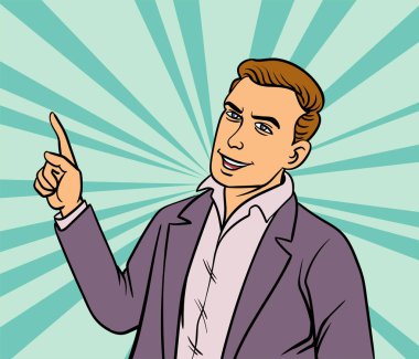 Neşeli bir gülümseme ile yukarıya bakan bir adam. Pop Art Hand çizilmiş biçim vektör tasarımı çizimleri.