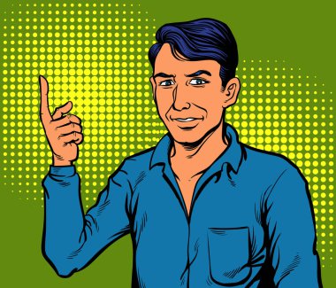 Neşeli bir gülümseme ile yukarıya bakan bir adam. Pop Art Hand çizilmiş biçim vektör tasarımı çizimleri.