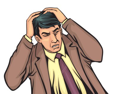 Genç işadamı endişeli. Beyaz arkaplanda el çizimi biçim vektör tasarımı çizimi