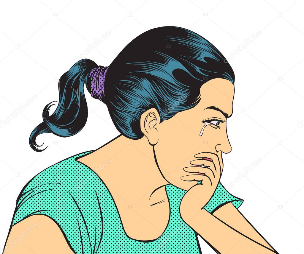 Disappointed and sad woman, crying. hand drawn style vector design illustration on white background