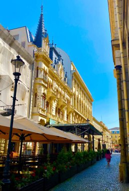 The street view of the historic restaurant Caru' cu Bere from the old town of Bucharest