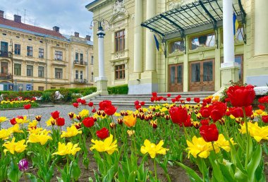 Batı Ukrayna 'nın Chernivtsi şehrindeki Olga Kobylanska Tiyatrosu' nun büyüleyici meydanı.