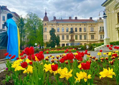 Batı Ukrayna 'nın Chernivtsi şehrindeki Olga Kobylanska Tiyatrosu' nun büyüleyici meydanı.