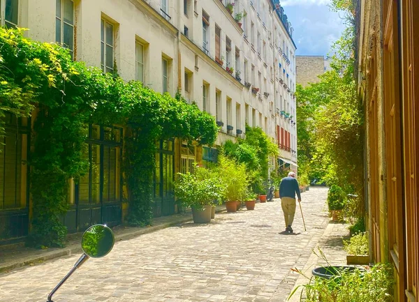 パリのローマ通りの緑豊かな通りを歩いている老人 — ストック写真