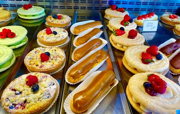 Traditional delicious French desserts in a bakery