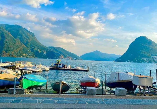 Pohled Přístav Jezera Lugano Švýcarsku — Stock fotografie