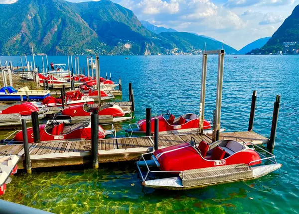 Retro Červené Lodě Jezeře Lugano Švýcarsku Stock Obrázky