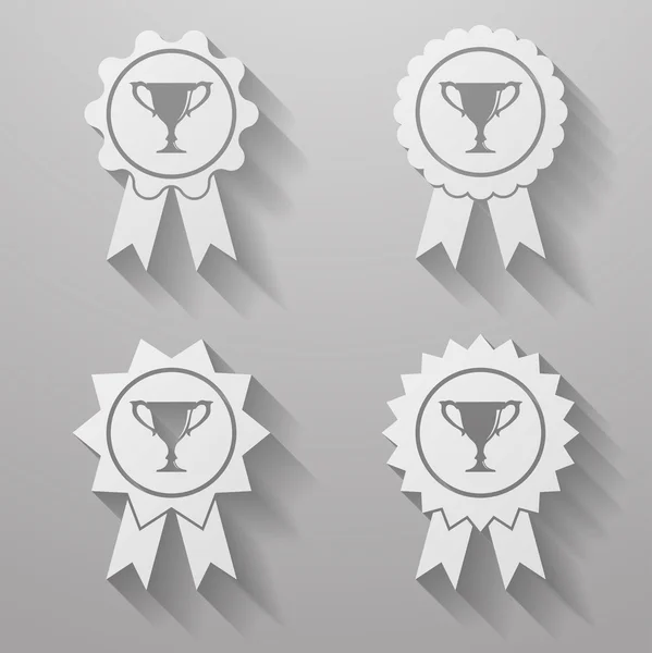 Set de insignias con cintas y con copa. Conjunto de premios con cintas — Vector de stock