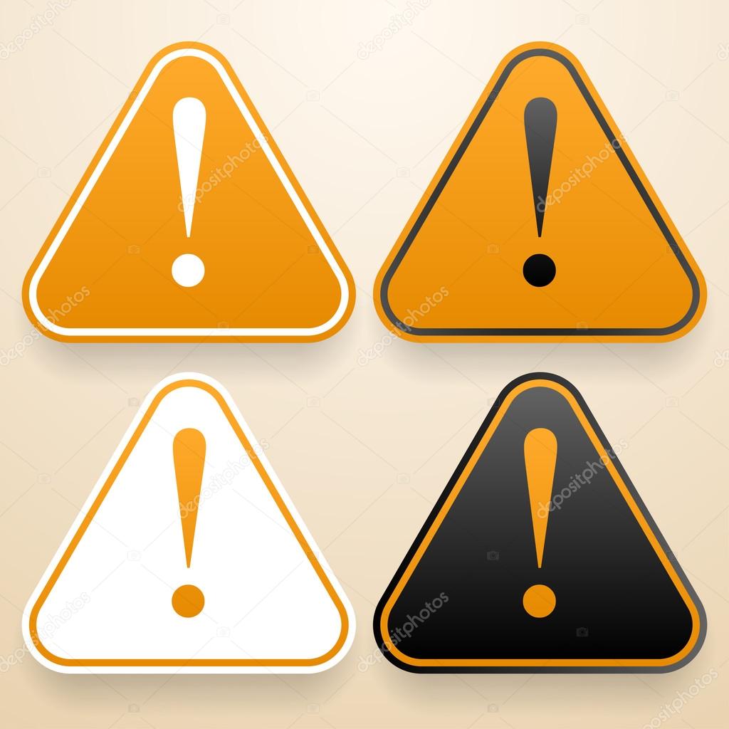 Set of triangular signs of danger of white, black and orange color. Warning sign