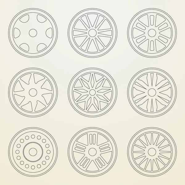 Set van pictogrammen van een auto velgen. dunne lijnstijl — Stockvector