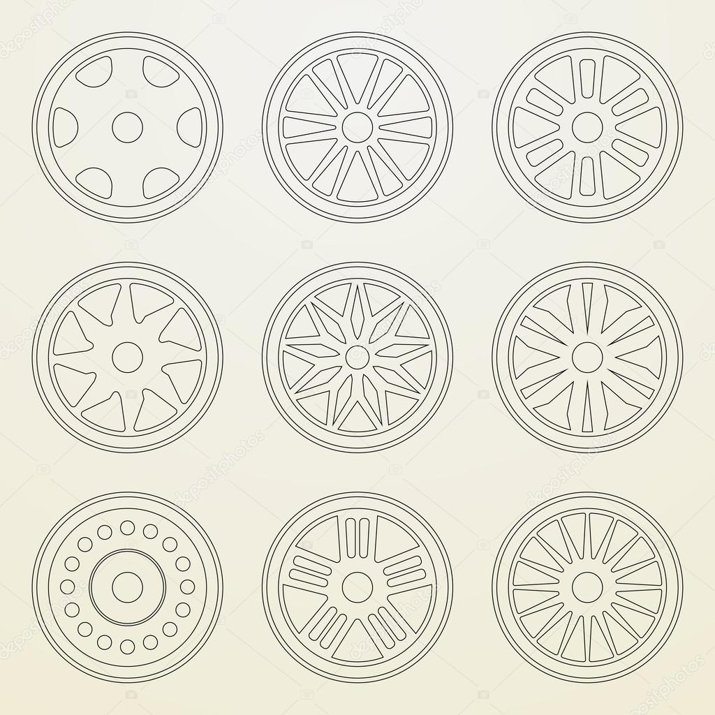 Set of icons of a car rims. Thin line style