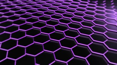 Soyut fütüristik altıgen parıltılı neon yüzey, yapı.