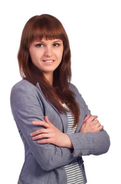 Gülümseyen iş kadını. Beyaz arkaplan üzerinde izole edilmiş