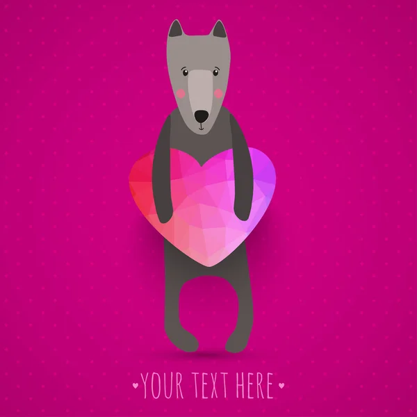 Carte de vœux avec chien mignon et coeur coloré — Image vectorielle