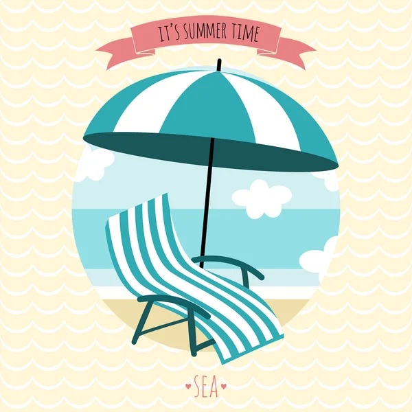 卡与海滩扶手椅和伞。夏天的时间。我爱海。矢量 — 图库矢量图片