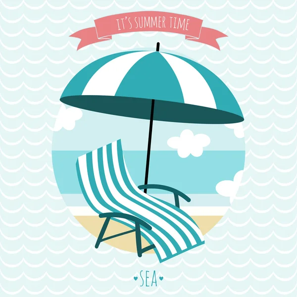 Kartı beach koltuk ve şemsiye. Yaz saati. Denizi seviyorum.. — Stok Vektör