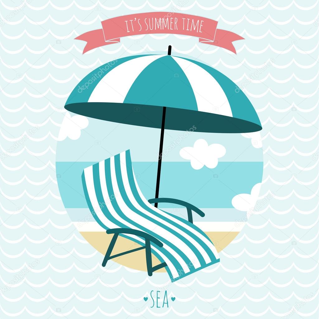 Card with beach armchair and umbrella. Summer time. I love sea.