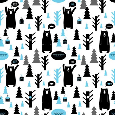 Seamless pattern with forest and bears. Vector background with b clipart