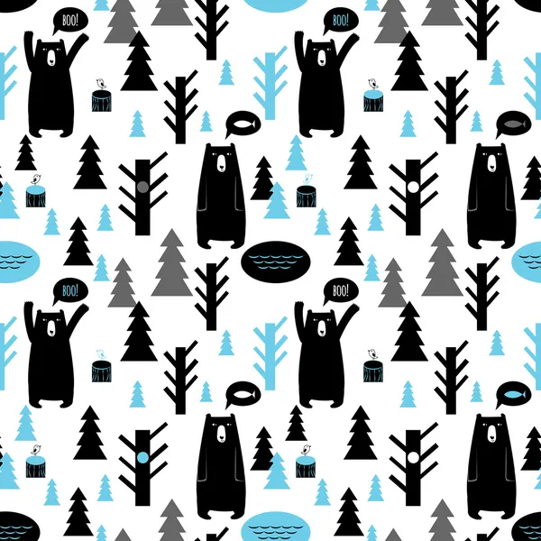 Patrón sin costuras con bosque y osos. Fondo vectorial con b — Vector de stock