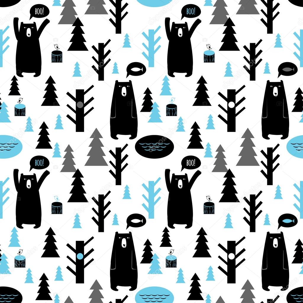 Seamless pattern with forest and bears. Vector background with b