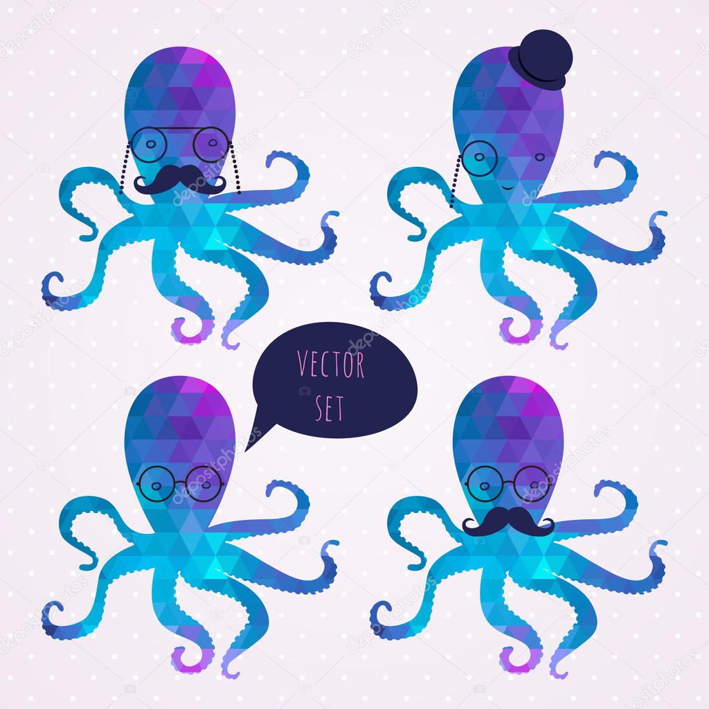 vector set with octopus. mustaches. hipster card