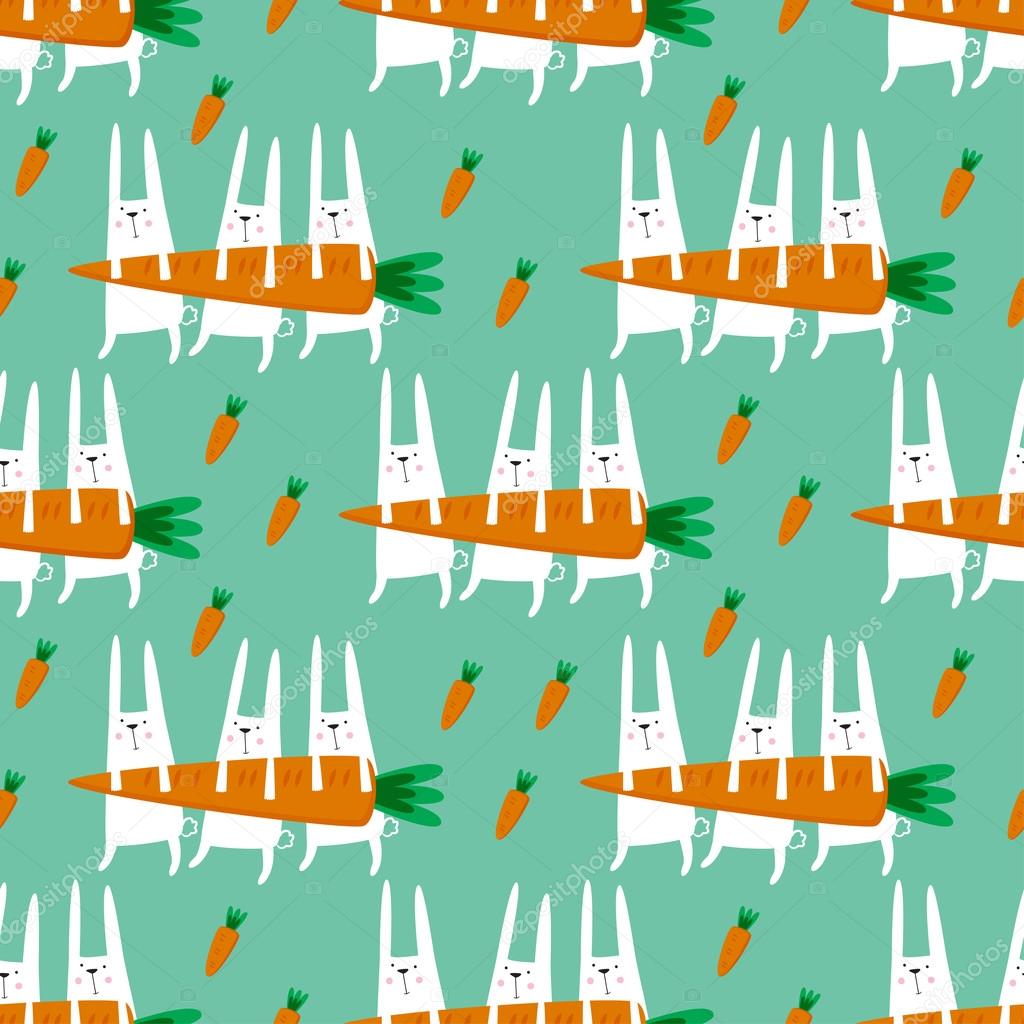 Seamless vector pattern with rabbits and carrots. 